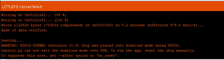 WARNING: ESP32-S2FNR2 (revision v1.0) chip was placed into download mode using GPIO0.
esptool.py can not exit the download mode over USB. To run the app, reset the chip manually.
To suppress this note, set --after option to 'no_reset'.
